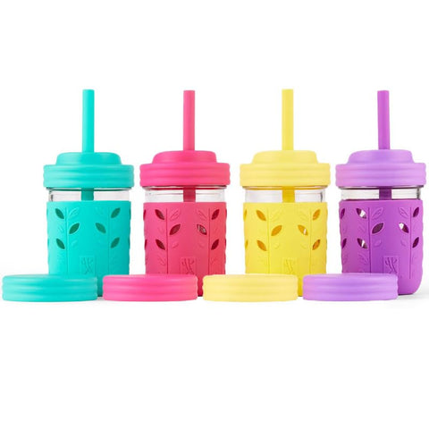 Elk and Friends front view of the 4-pack glass mason cups showing colorful sleeves and lids, durable design