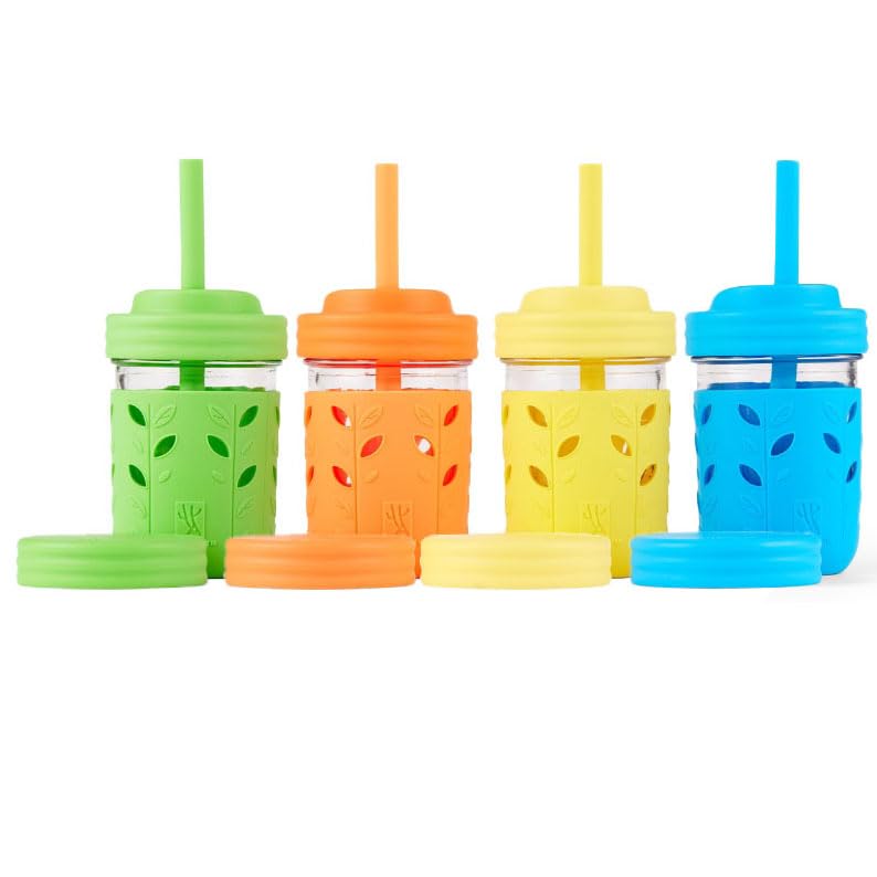 Elk and Friends front view of four 8oz jars showing colorful sleeves and lids, easy grab