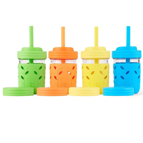 Elk and Friends front view of four 8oz jars showing colorful sleeves and lids, easy grab