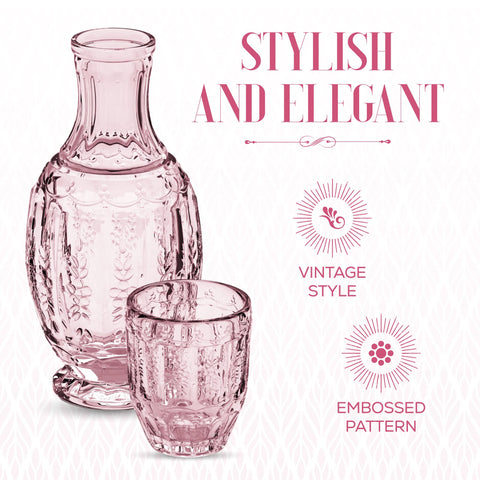 Elle Decor carafe on a nightstand illustrating convenient in-room hydration