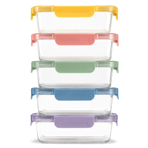 Ello front packaging showing five glass containers for organized meal prep