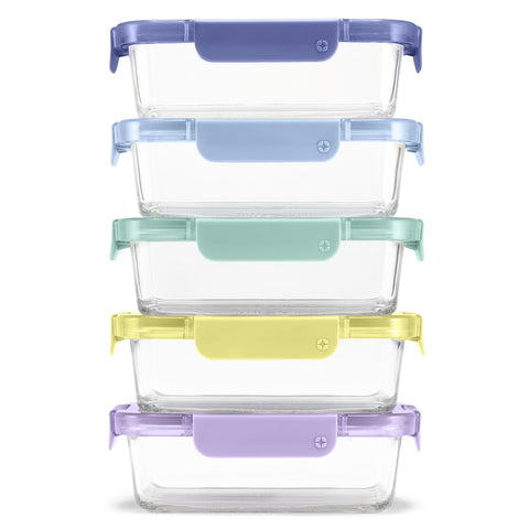 Ello Color Lock front packaging showing five glass containers and purple lids for organized storage