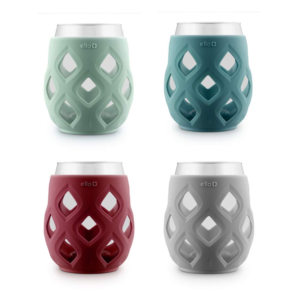 Ello Cru four-pack front view showing multicolor silicone sleeves and clear 17oz glasses for easy serving