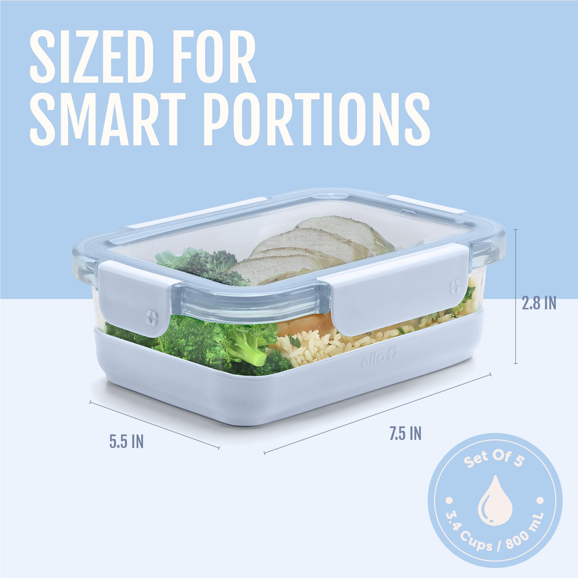 Ello Duraglass container filled with meal in fridge, organized cold storage benefit