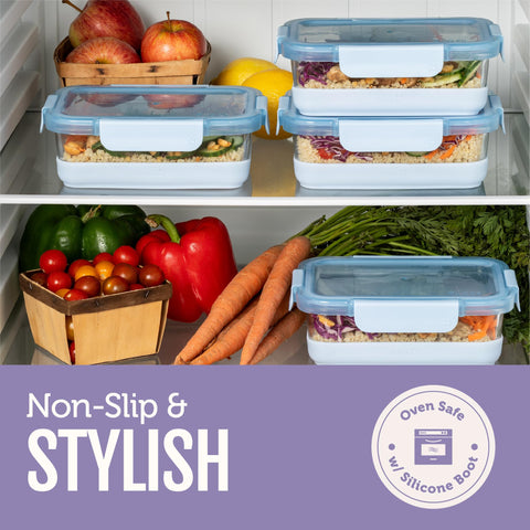 Ello Duraglass stacked in freezer, space-saving and freezer-safe meal storage