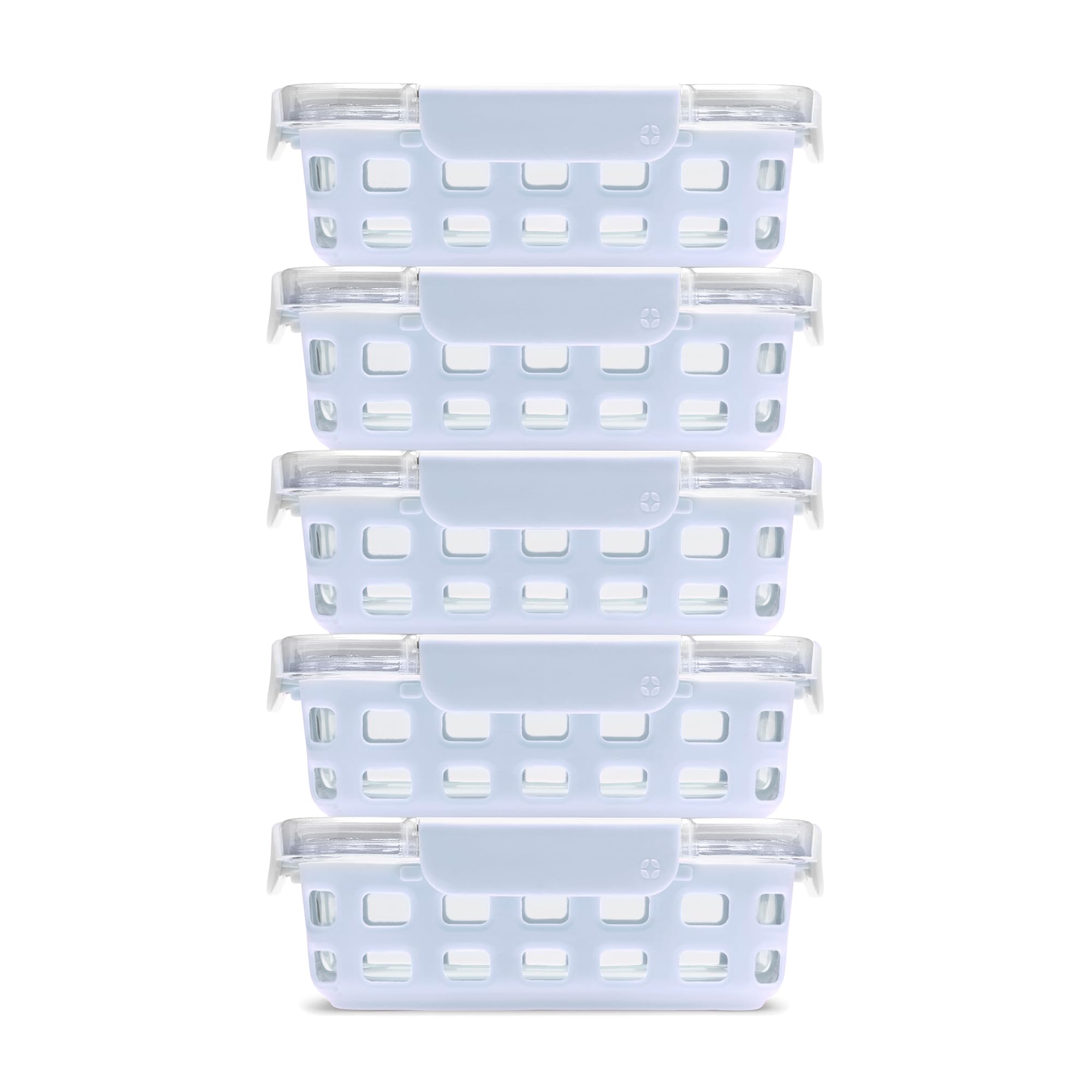 Ello Duraglass front packaging showing blue silicone sleeves and five containers, durable storage benefit