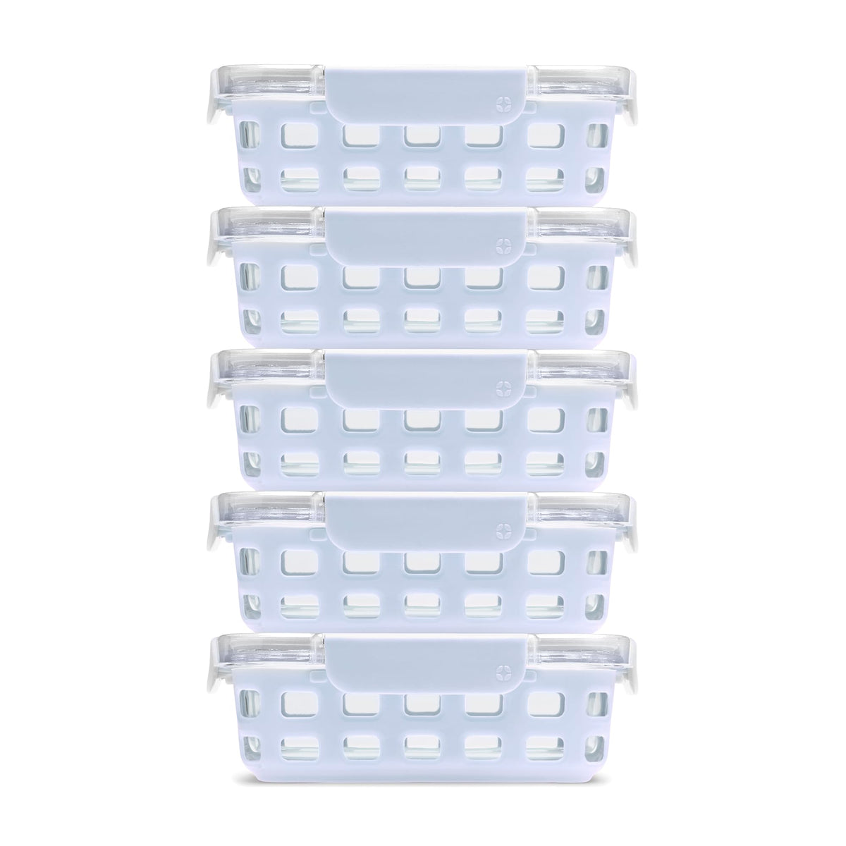 Ello Duraglass front packaging showing blue silicone sleeves and five containers, durable storage benefit