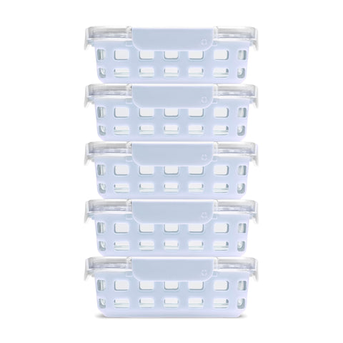 Ello Duraglass front packaging showing blue silicone sleeves and five containers, durable storage benefit