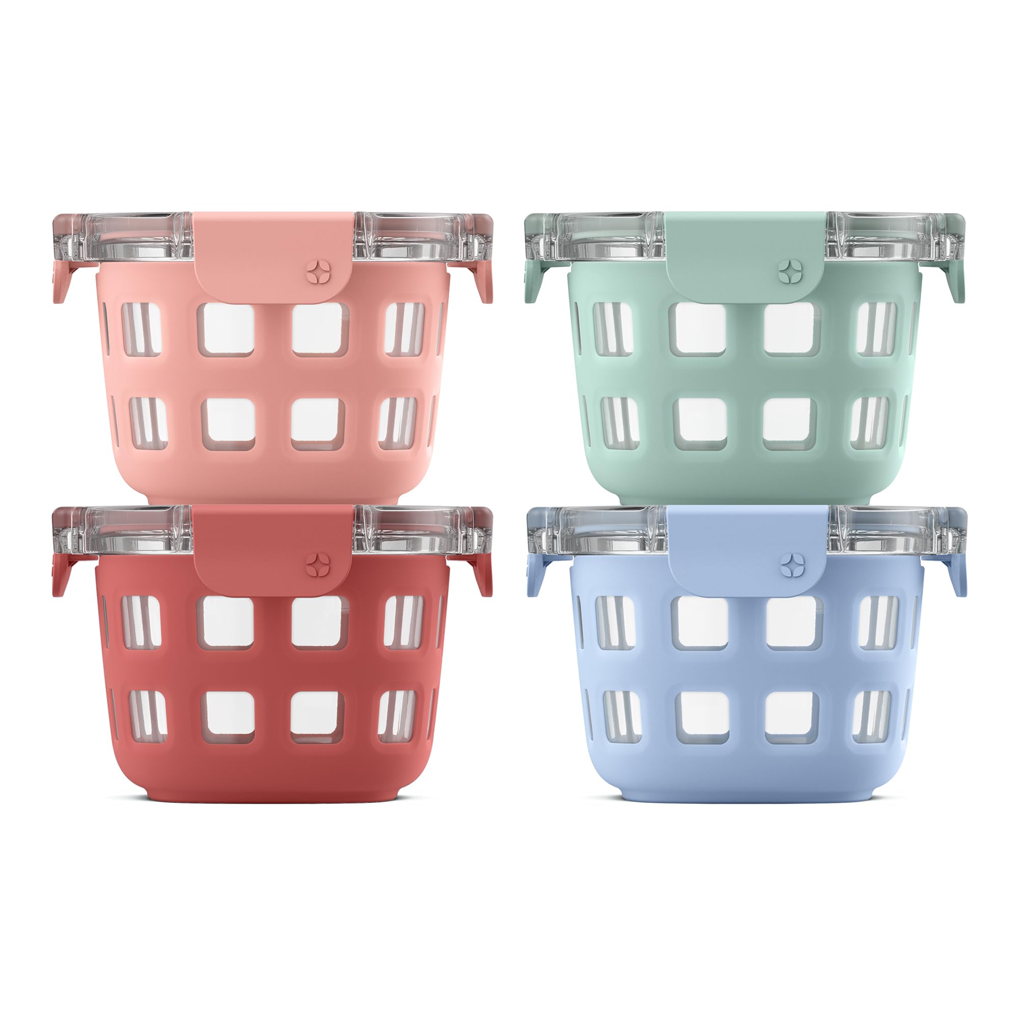 Ello Duraglass front view showing four melon-colored sleeves and lids, convenient storage