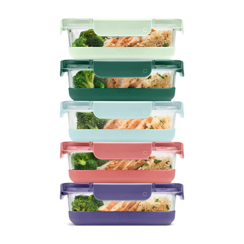 Ello Duraglass front packaging showing five containers and lids, organized for convenience