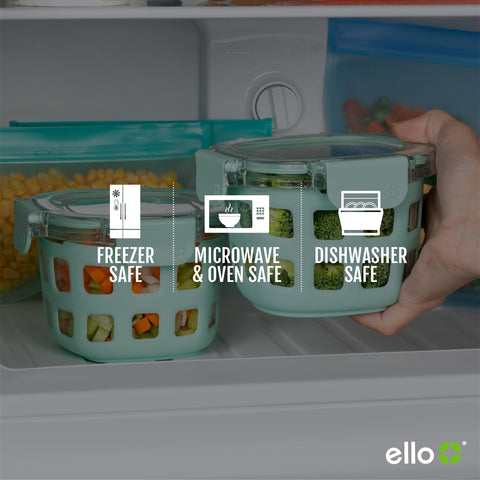 Ello Duraglass next to a hand for scale showing compact 16 oz portion size