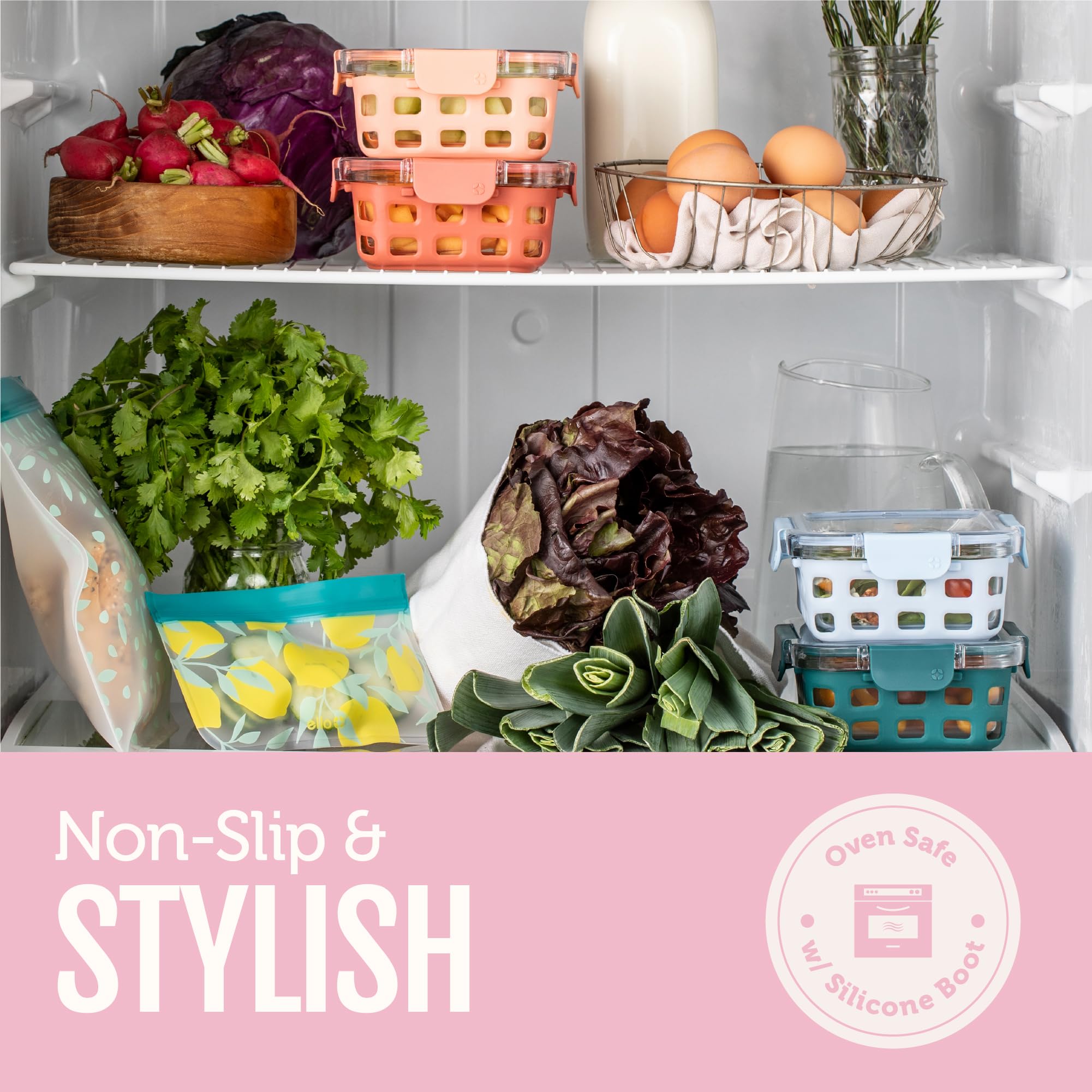 Ello Duraglass stacked in fridge showcasing space‑saving storage benefit