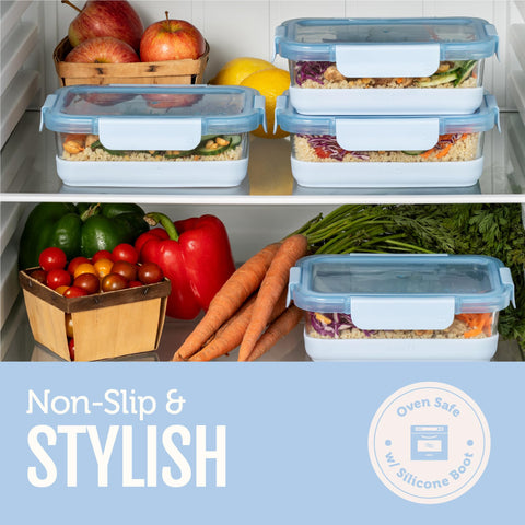 Ello Duraglass stacked containers side view, space-saving organization benefit