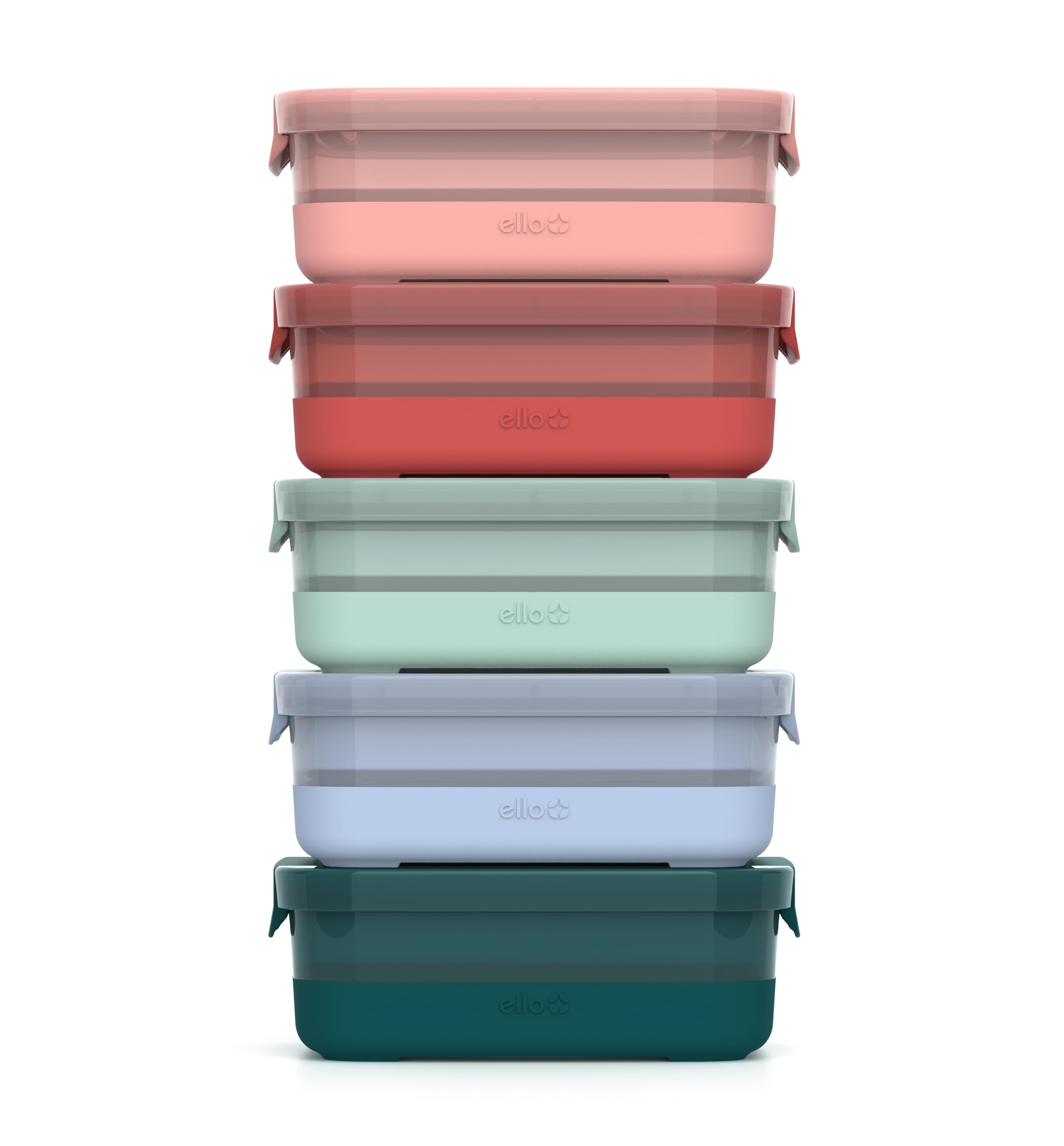 Ello front view of melon 10pc set showing colorful lids and containers for easy identification
