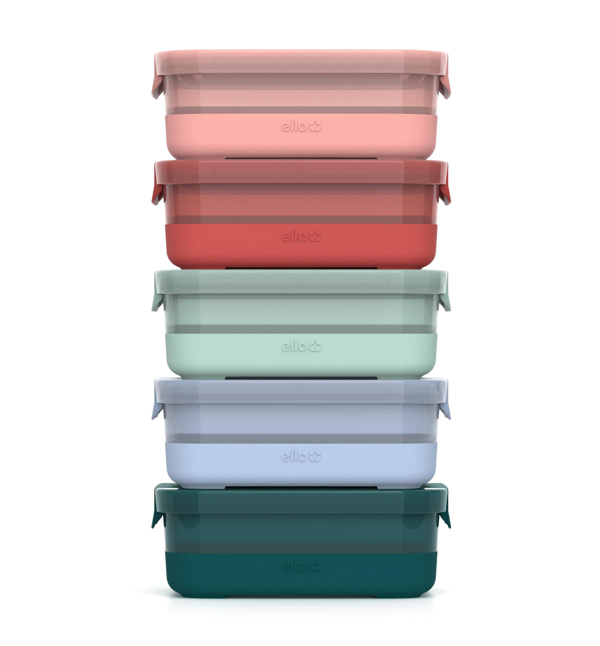 Ello front view of melon 10pc set showing colorful lids and containers for easy identification