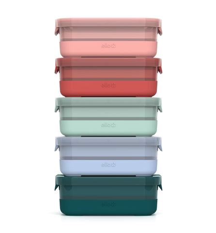Ello front view of melon 10pc set showing colorful lids and containers for easy identification