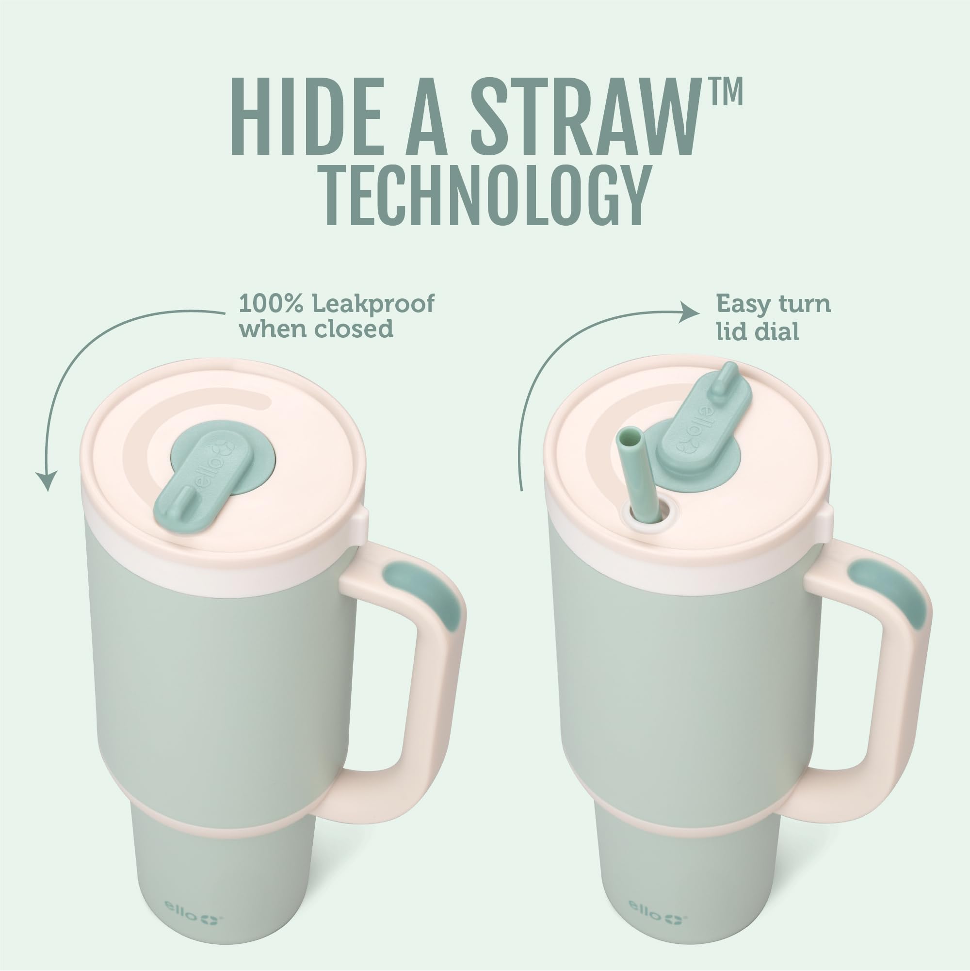 Ello Oasis lid close-up highlighting retractable straw mechanism and clean design