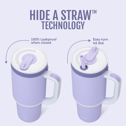 Ello Oasis lid closed with retracting straw hidden protecting the drinking surface