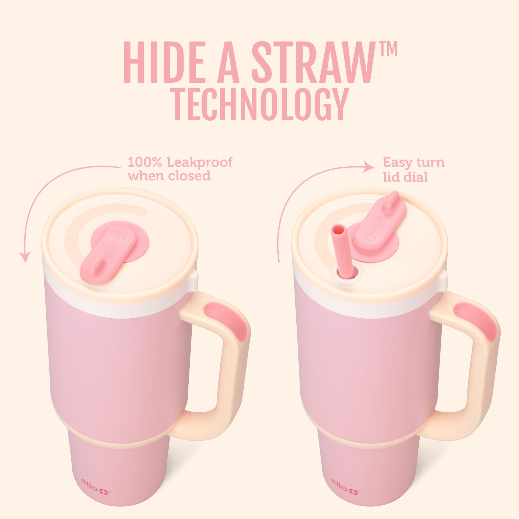 Ello Oasis close-up of retracting straw mechanism ensuring leak-proof travel