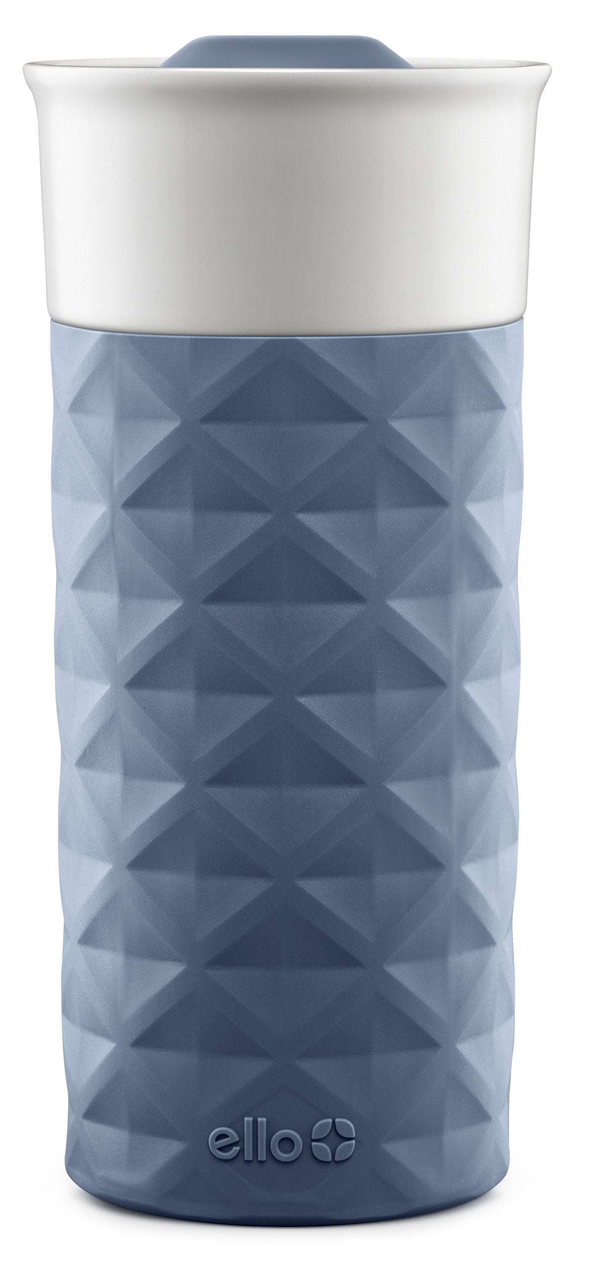 Ello Ogden front view showing evening blue mug and lid, stylish travel convenience