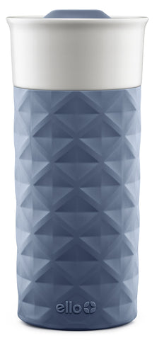 Ello Ogden front view showing evening blue mug and lid, stylish travel convenience