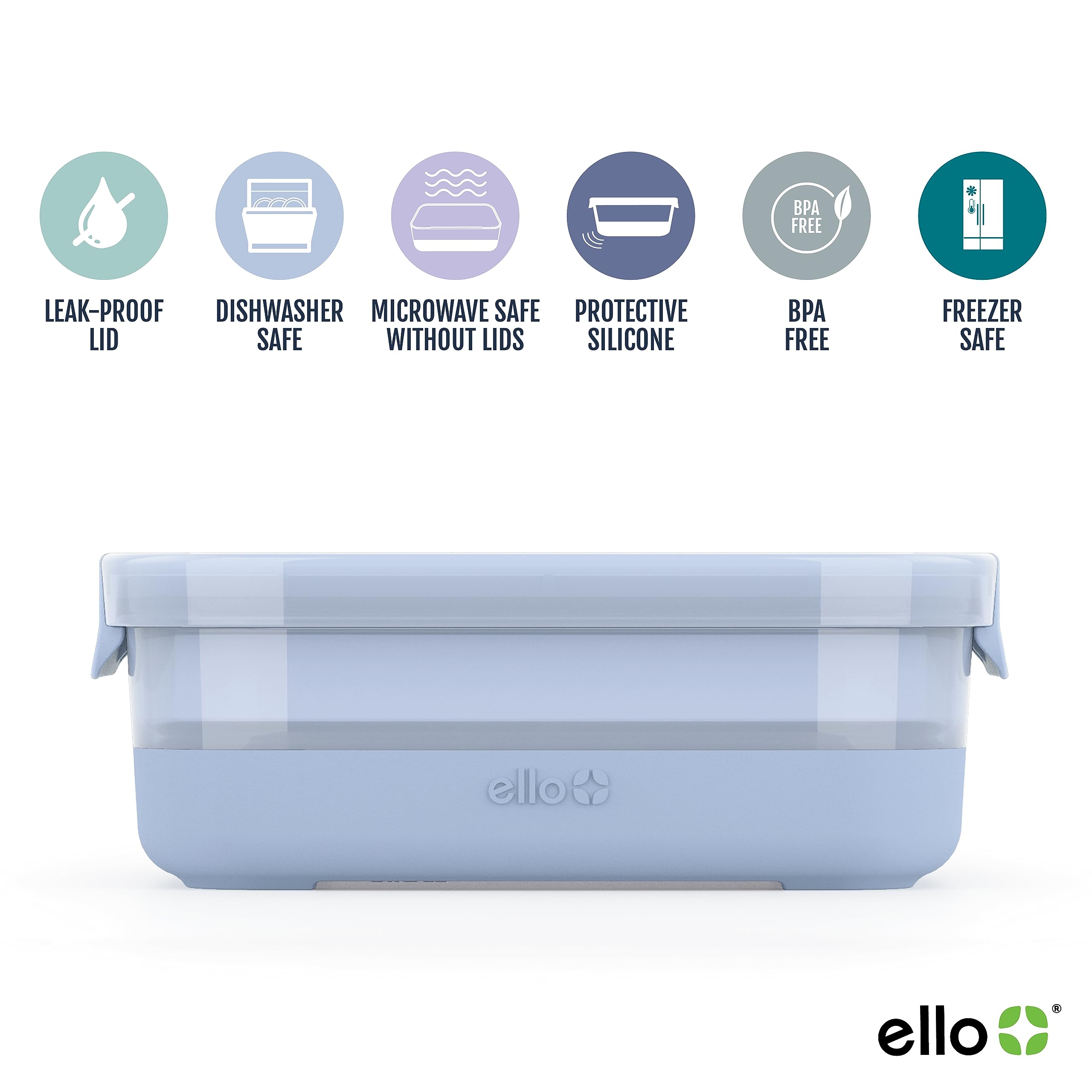 Ello open 3.7 cup container with lid beside it illustrating leak-proof seal and convenience
