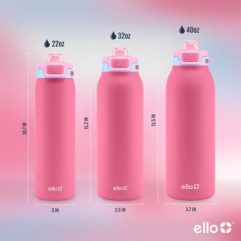 Ello next to a water glass showing 32oz capacity for all-day hydration
