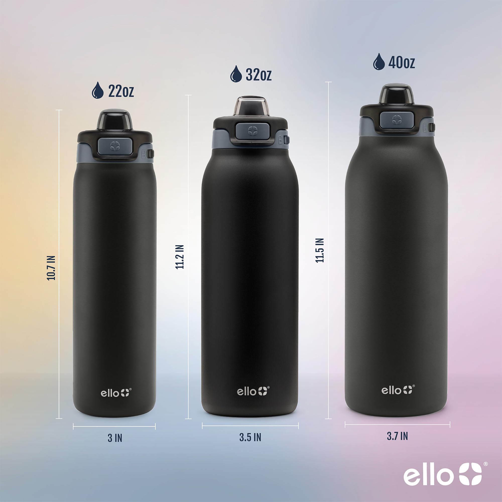 Ello next to a hand for 32oz size comparison and portable capacity