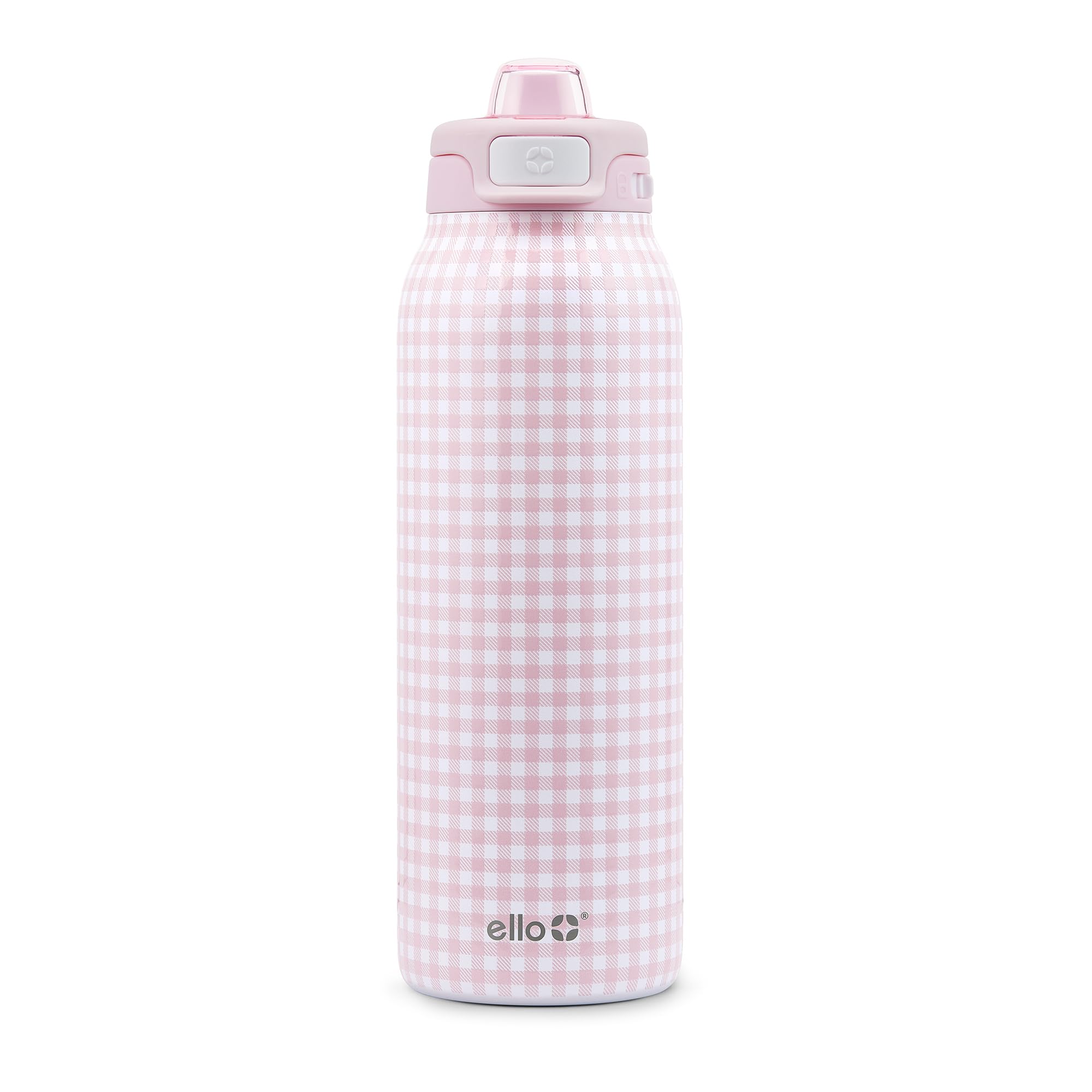 Ello Pop & Fill front view showing pink gingham and secure lid, stylish and durable