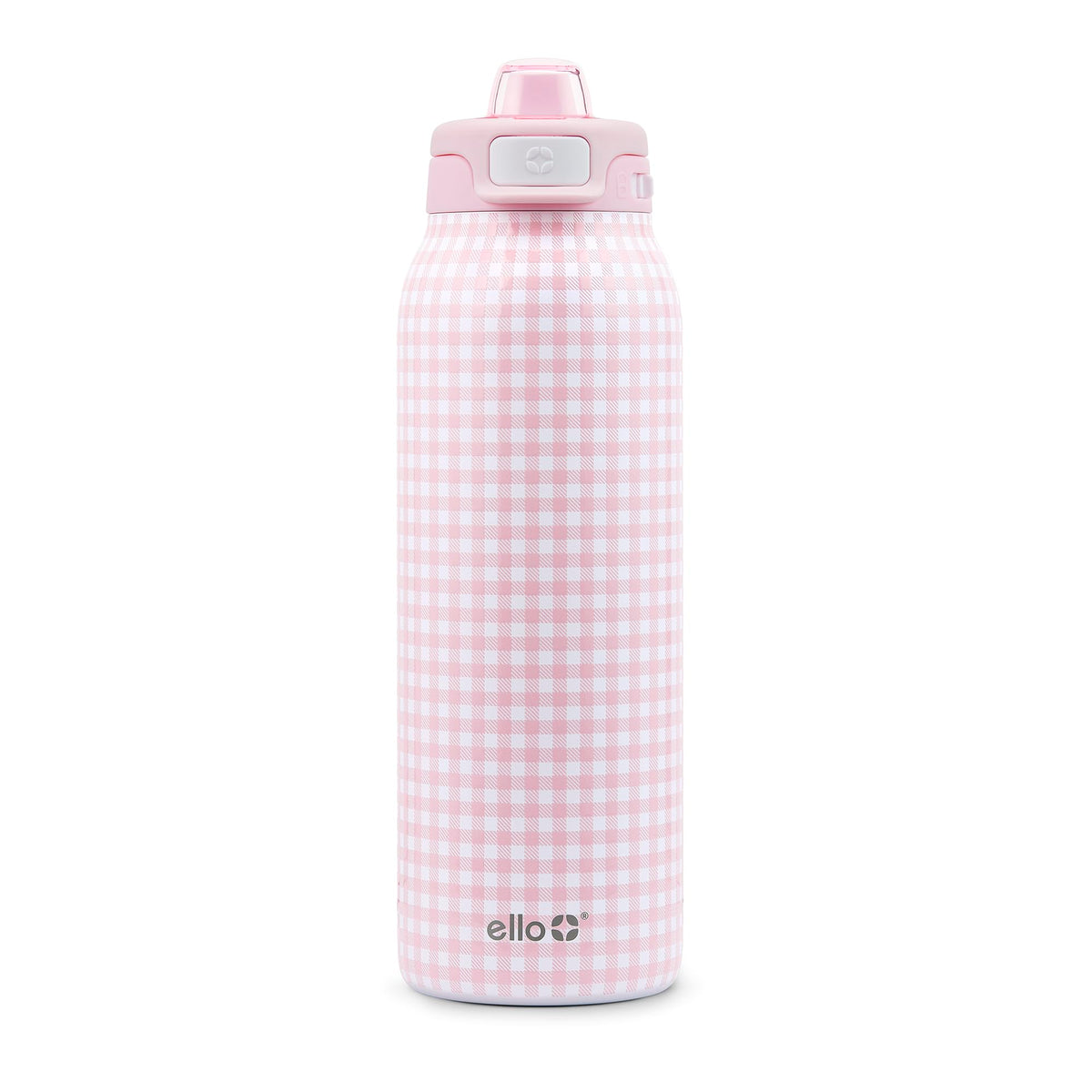 Ello Pop & Fill front view showing pink gingham and secure lid, stylish and durable