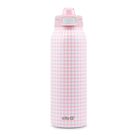 Ello Pop & Fill front view showing pink gingham and secure lid, stylish and durable