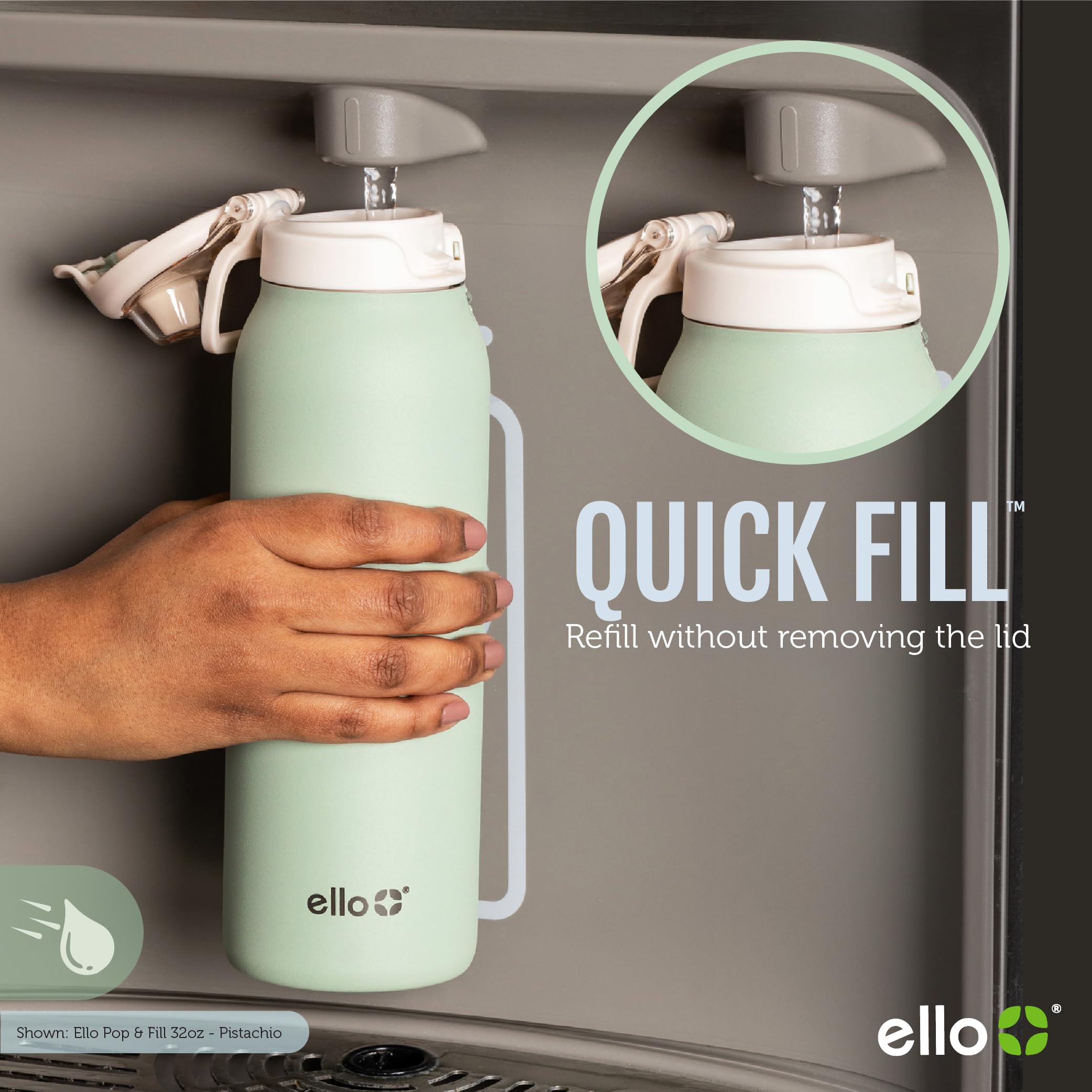 Ello Pop & Fill lid detail highlighting Quick Fill button for fast refills