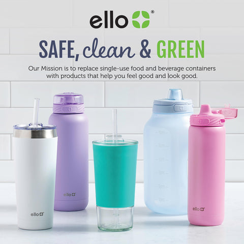 Ello Pop & Fill next to a water glass showing 32oz size comparison