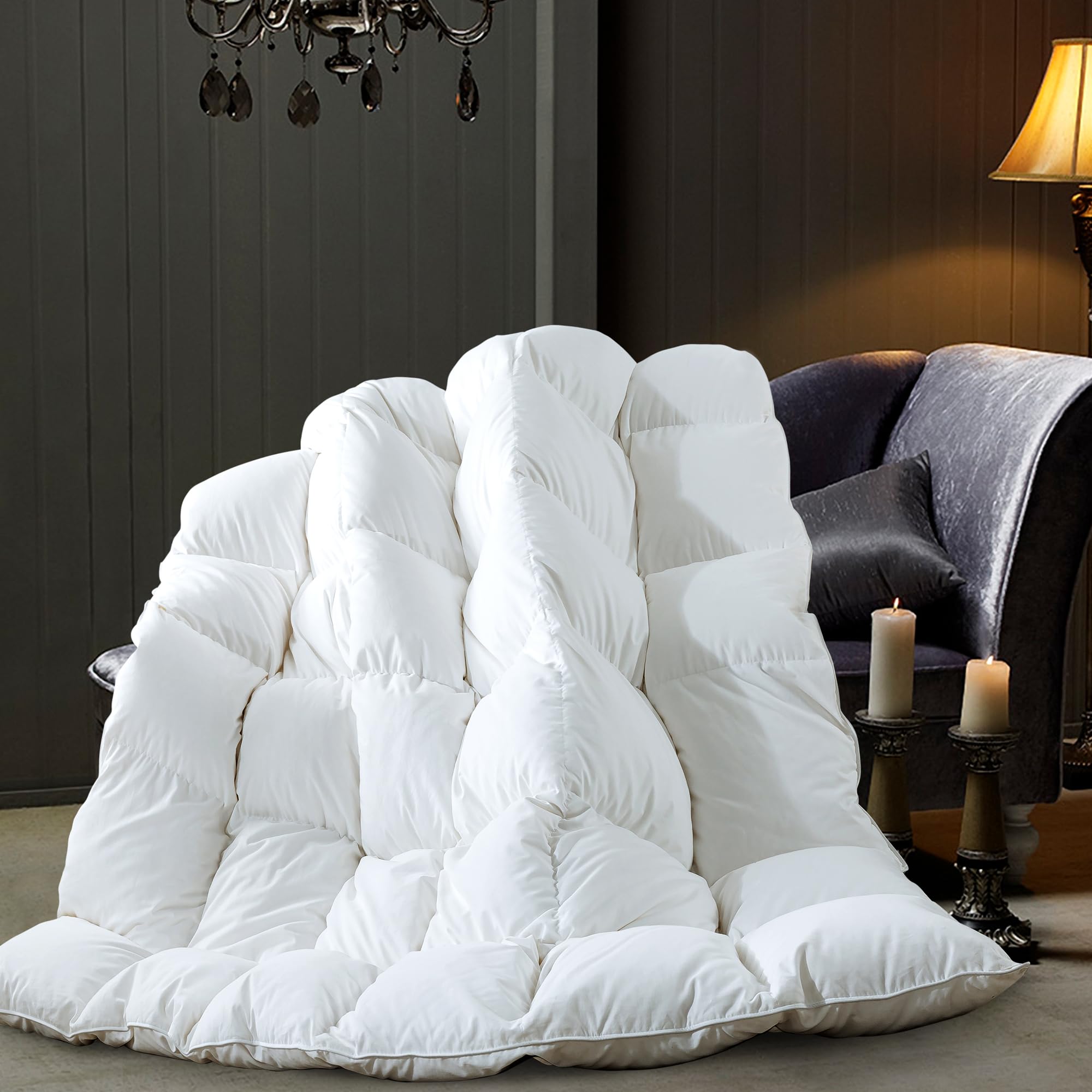 ELNIDO QUEEN comforter styled on queen bed demonstrating hotel-style comfort