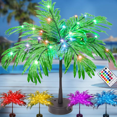 Elnsivo palm tree front view showing colorful LED glow and tropical ambiance