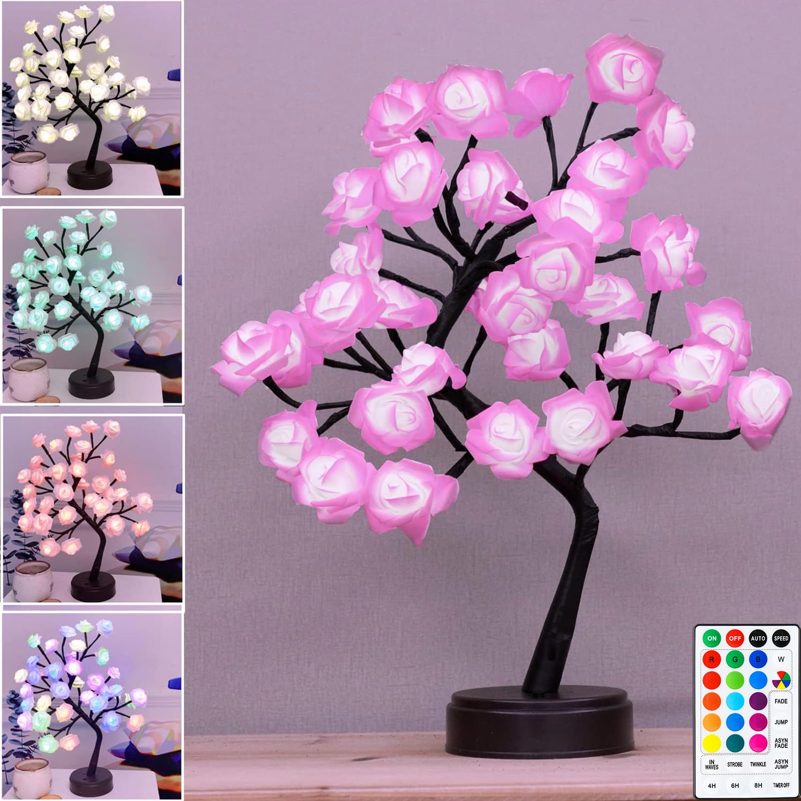 Elnsivo front view of rose tree lamp showing full illuminated design and mood