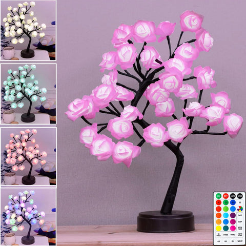 Elnsivo front view of rose tree lamp showing full illuminated design and mood