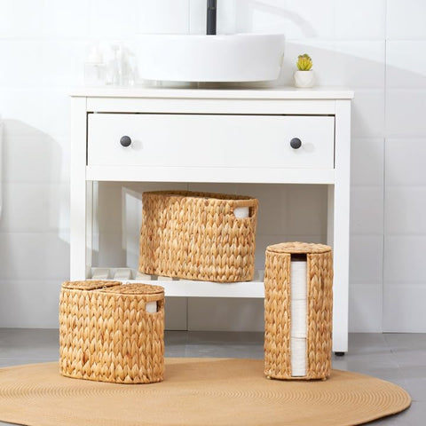 ELONG HOME basket styled with towels and essentials enhancing decor