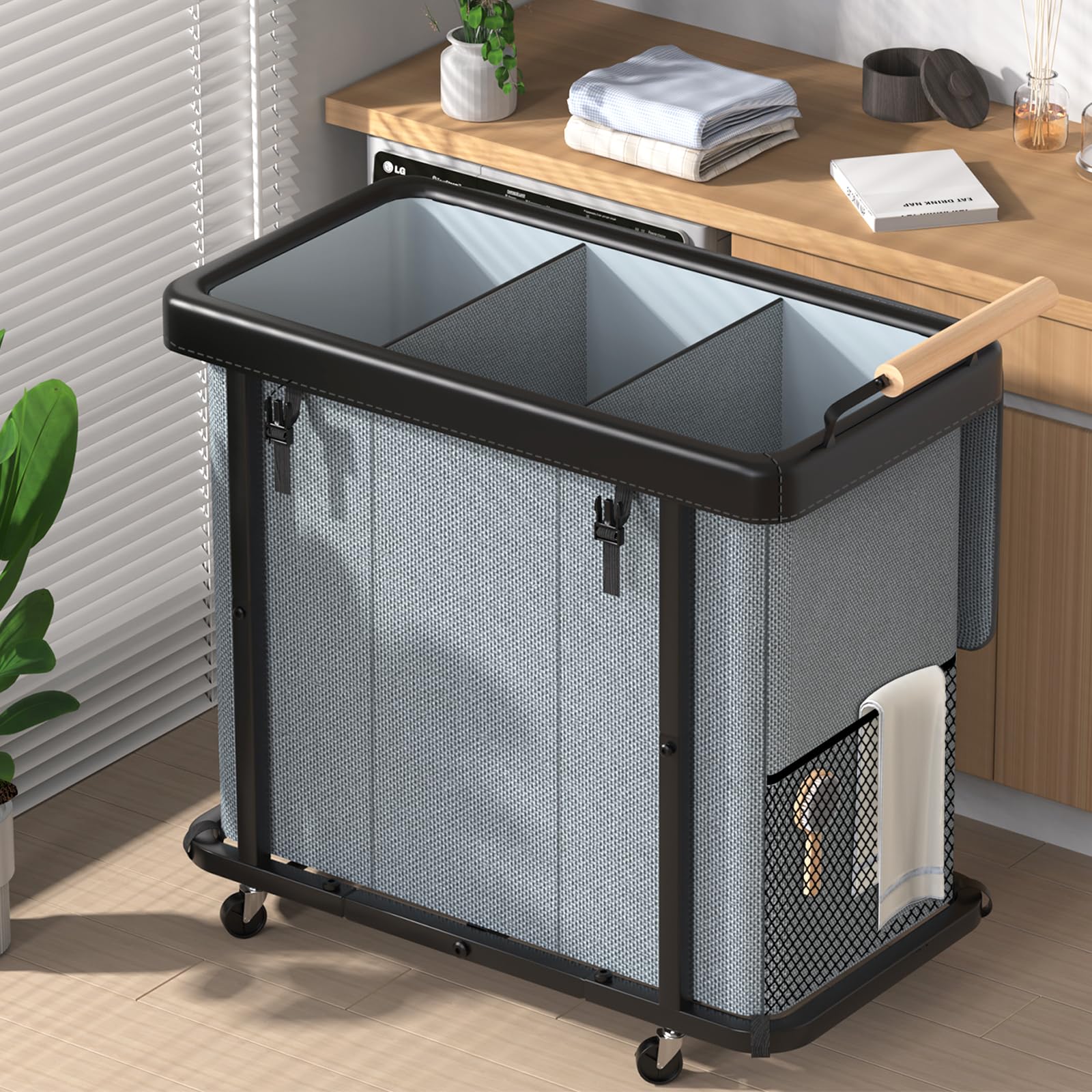 Elowen front view of rolling laundry hamper showing clean design and easy access