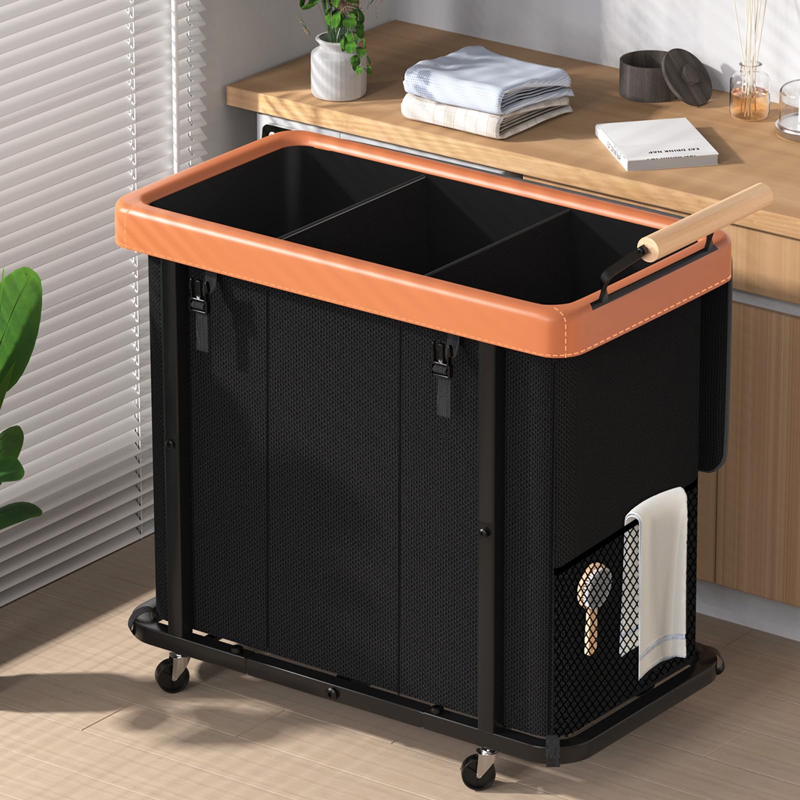 Elowen front view of rolling laundry hamper showing capacity and sleek black finish