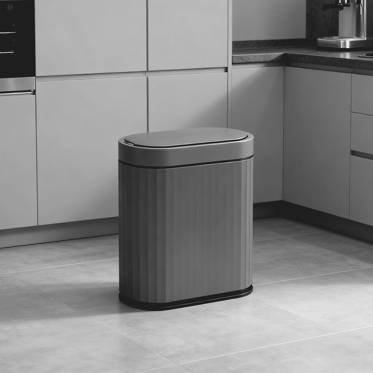 ELPHECO front view of automatic trash can showing compact design and hands-free benefit