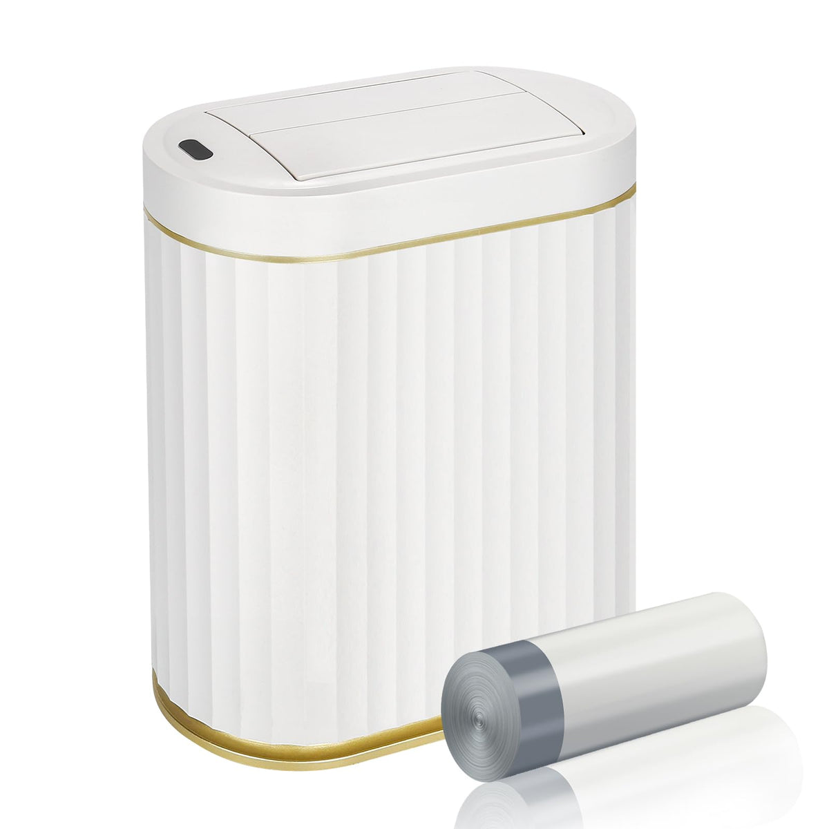 ELPHECO front view of automatic trash can showing sleek finish and hygienic benefit