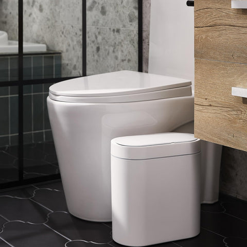 ELPHECO front view of automatic trash can showing compact design and hygiene benefit