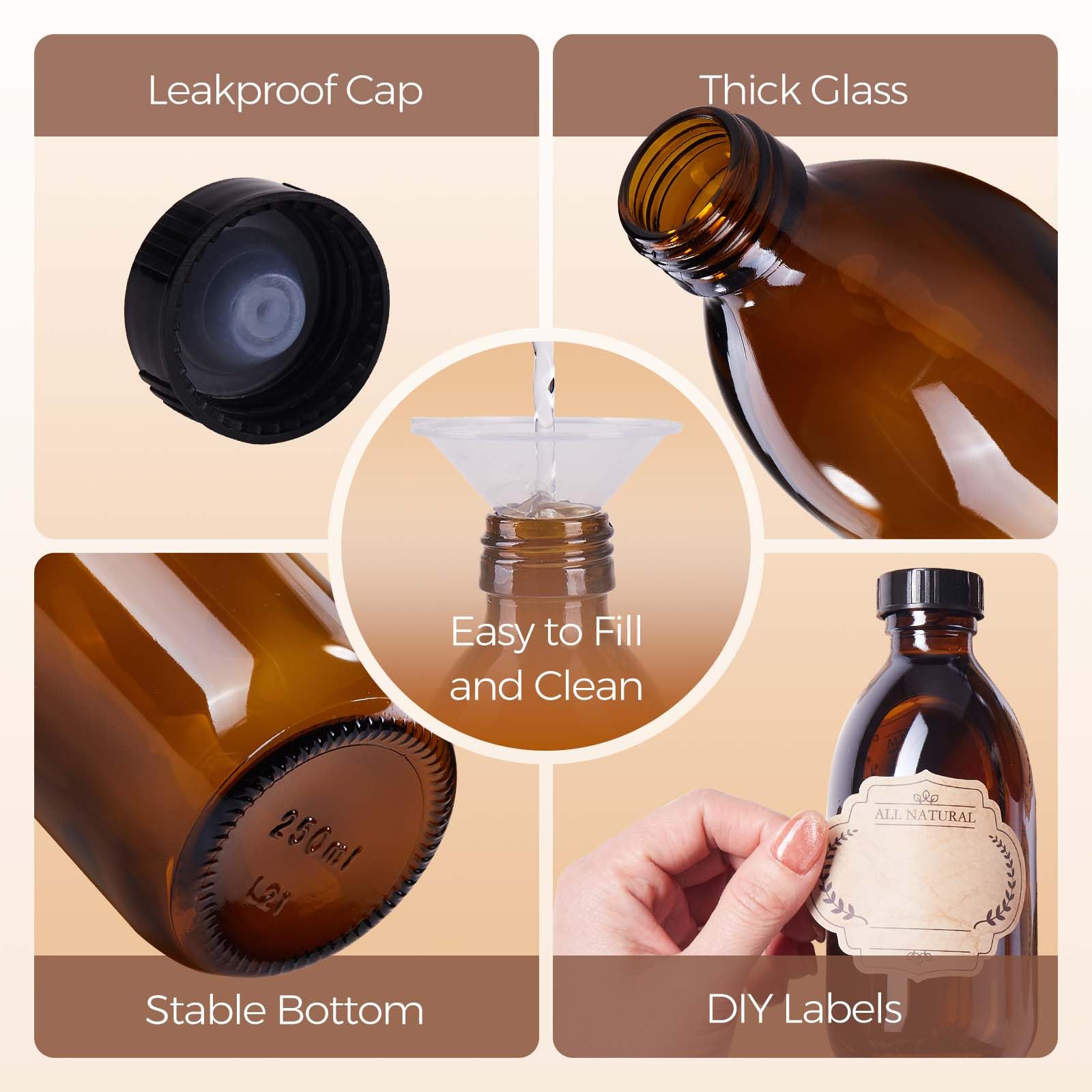 Elumeiro bottles filled with vanilla extract styled for kitchen presentation