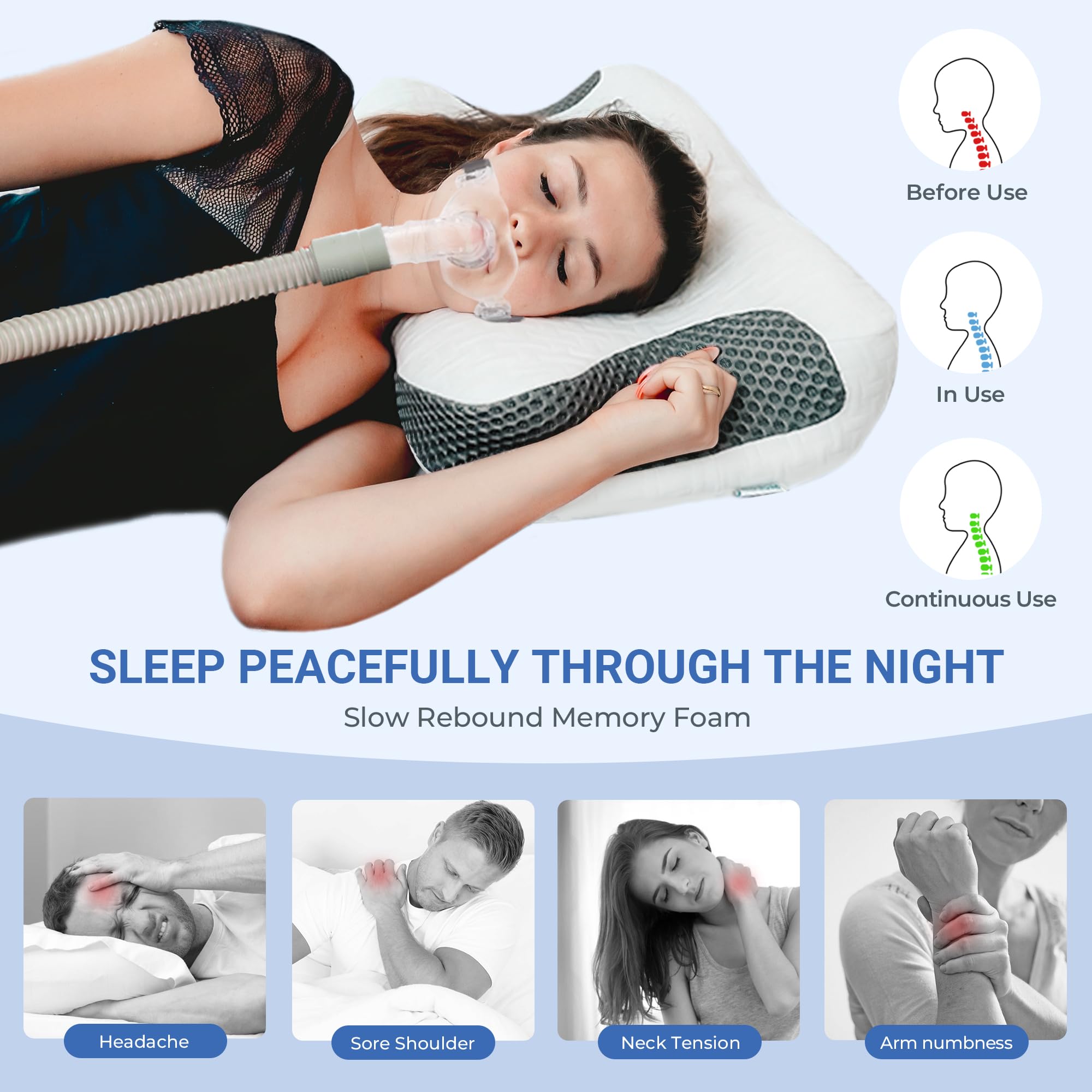 Elviros pillow supporting a back sleeper to maintain neutral spine alignment