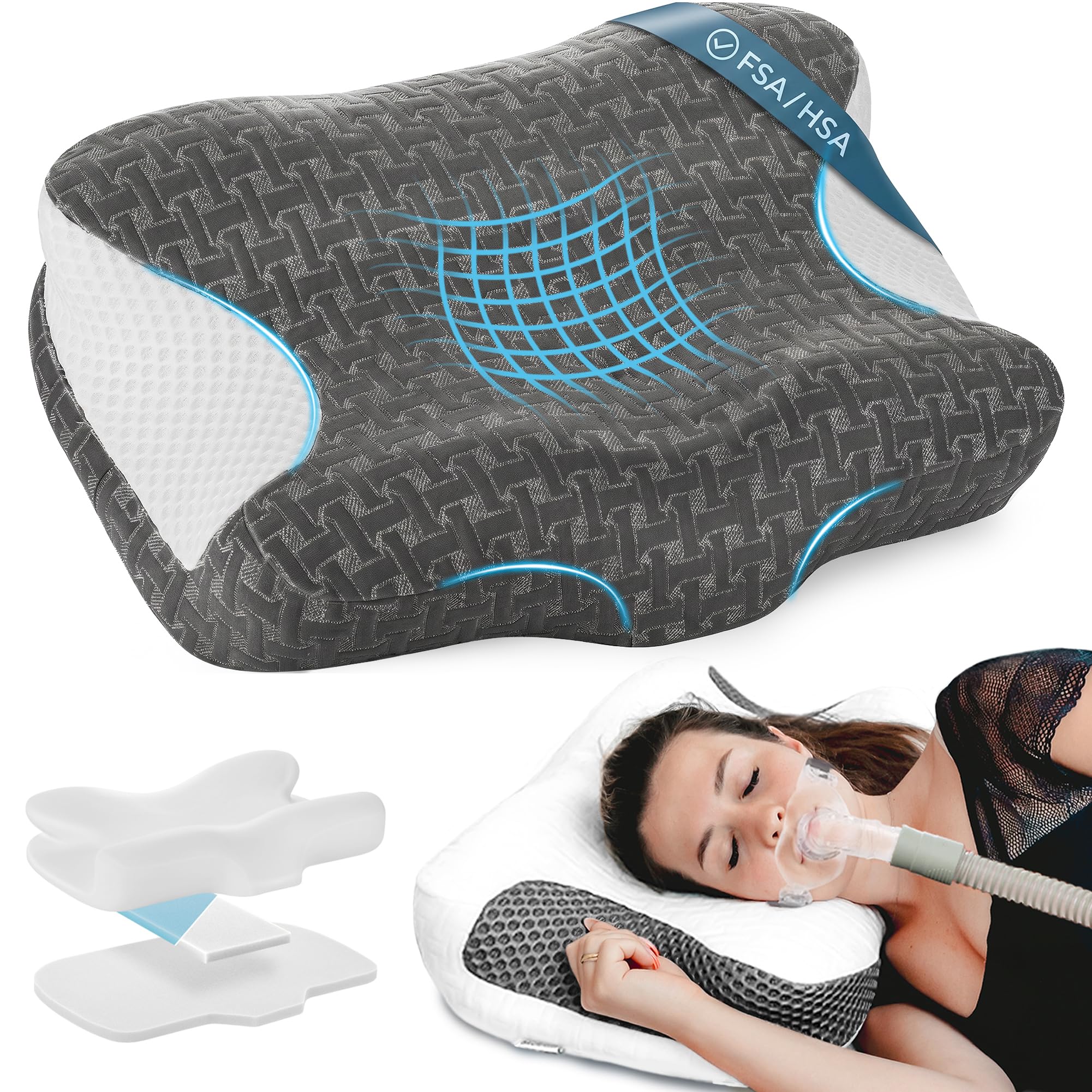 Elviros pillow front view showing ergonomic shape and mask-friendly design