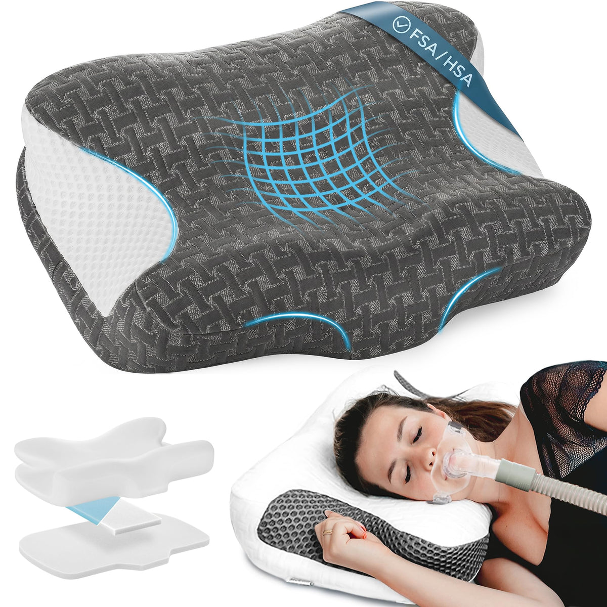 Elviros pillow front view showing ergonomic shape and mask-friendly design