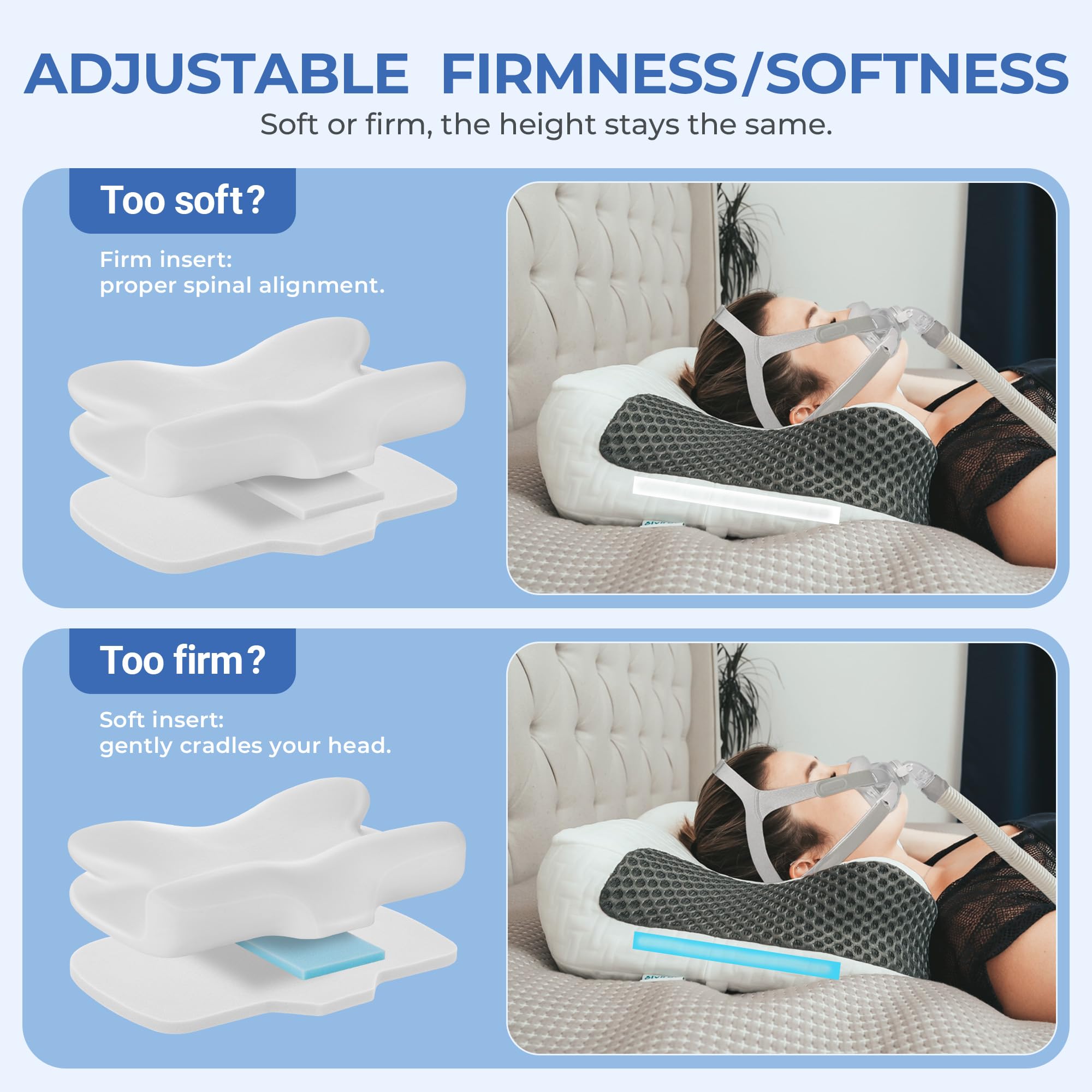 Elviros pillow demonstrated with nasal mask to prevent tubing entanglement