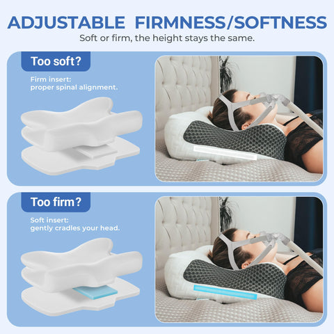 Elviros pillow demonstrated with nasal mask to prevent tubing entanglement