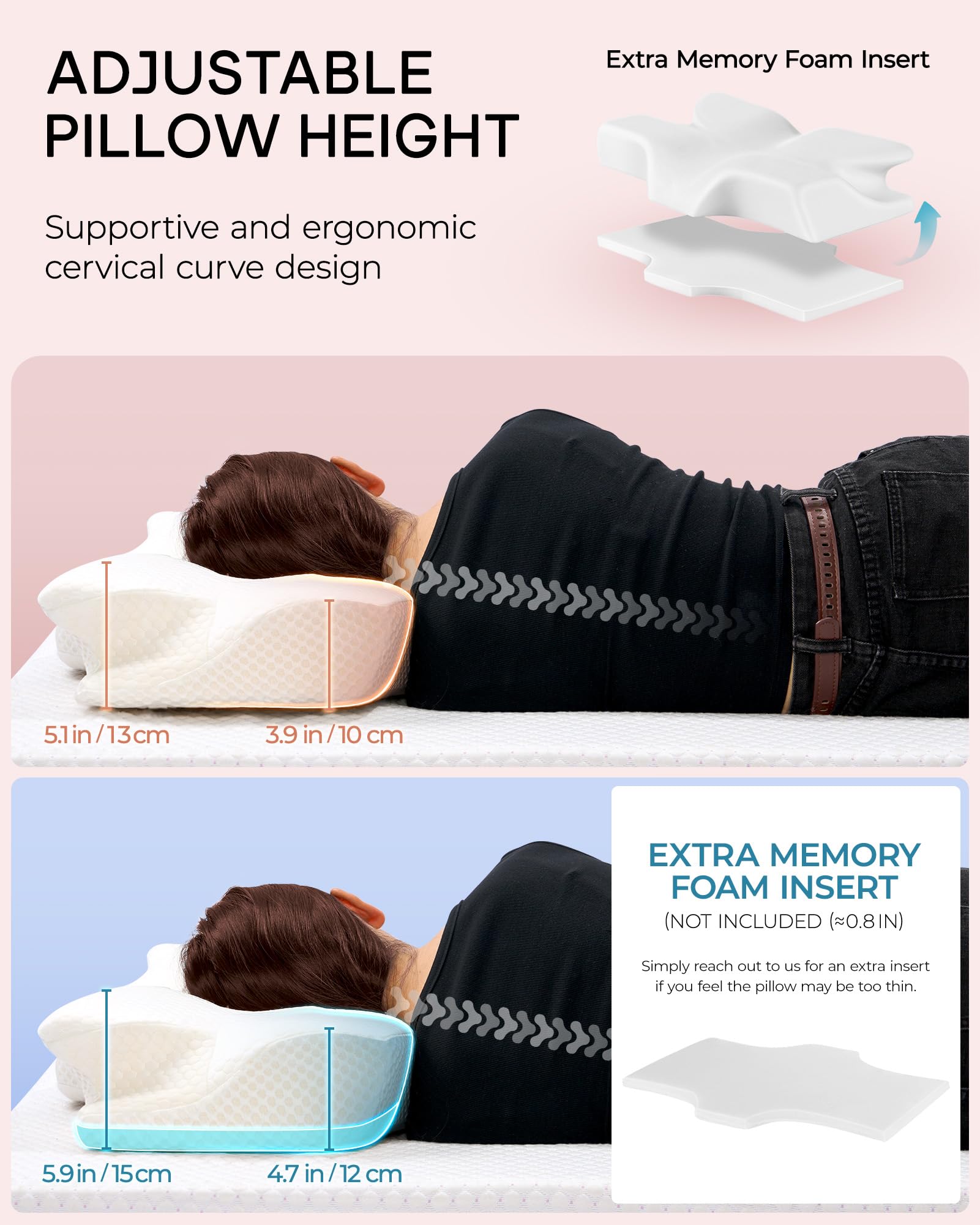 Elviros dual-height ends labeled to show customizable elevation and tailored support